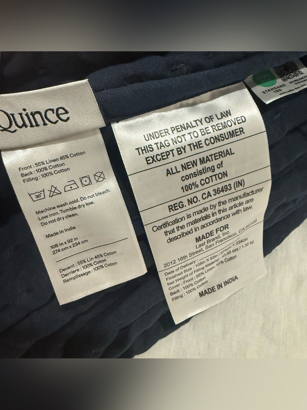 New Quince European Linen Cotton Stitch Quilt Set King/CalKing MSRP $219.90 Navy - Picture 9 of 9